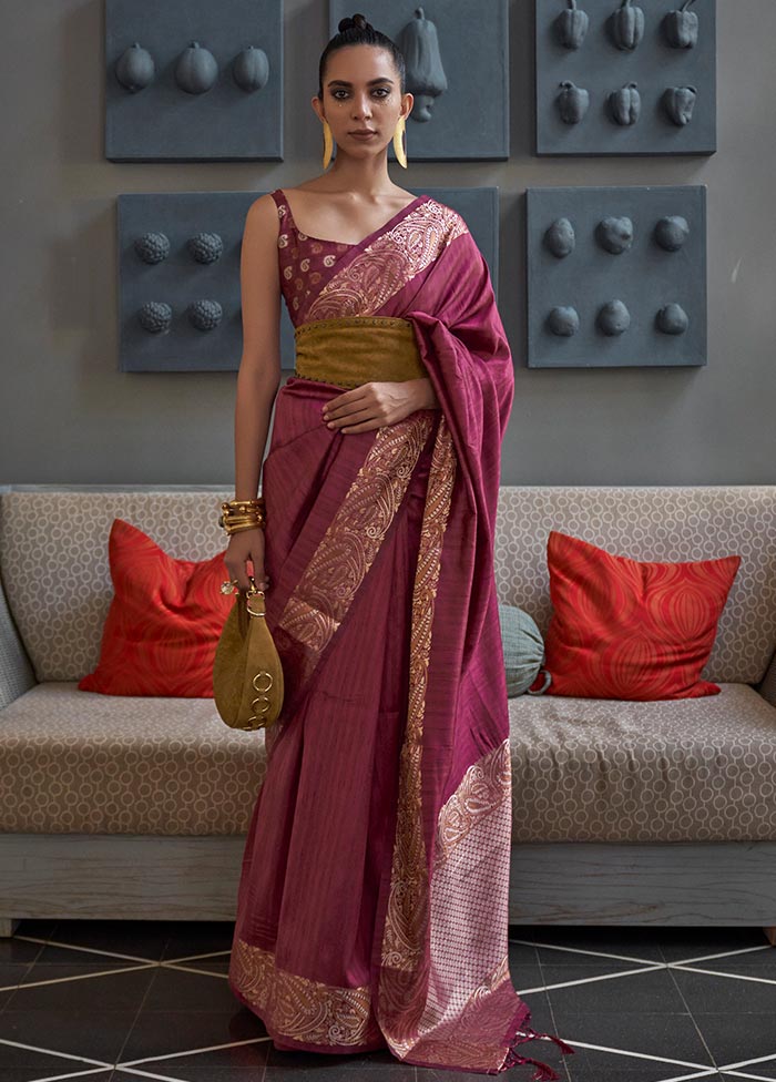 Rouge Pink Spun Silk Zari Woven Saree With Blouse