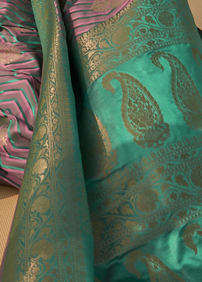 Pink And Sky Blue Spun Silk Woven Work Saree With Blouse