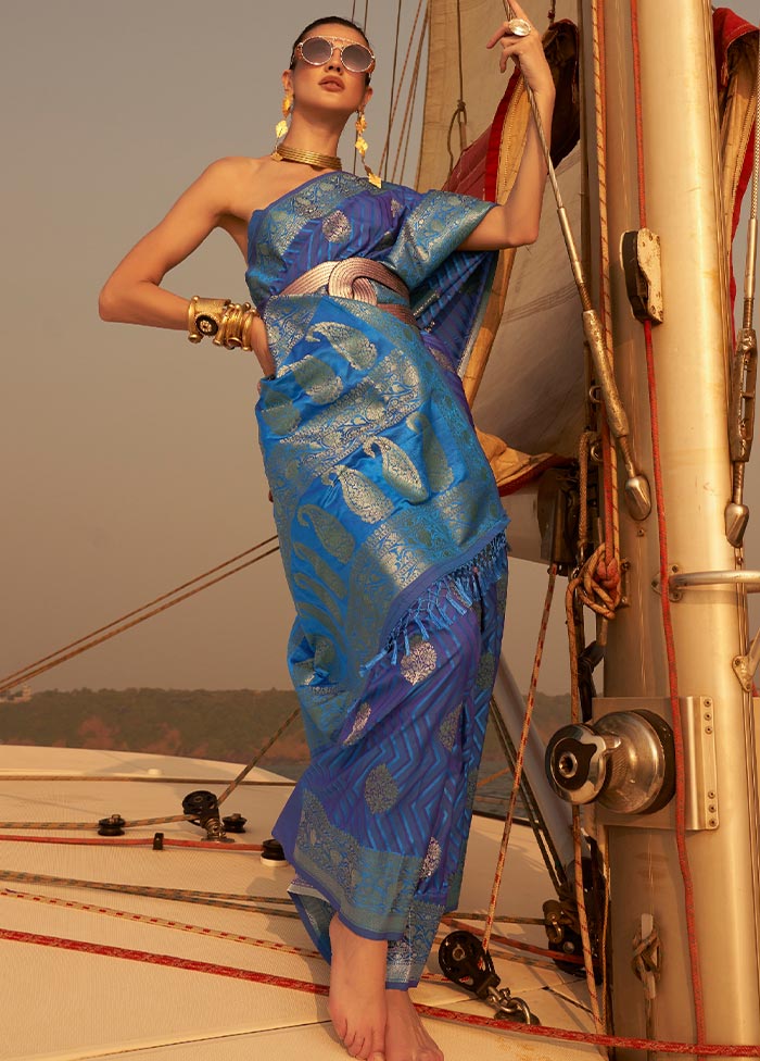 Blue Spun Silk Woven Work Saree With Blouse