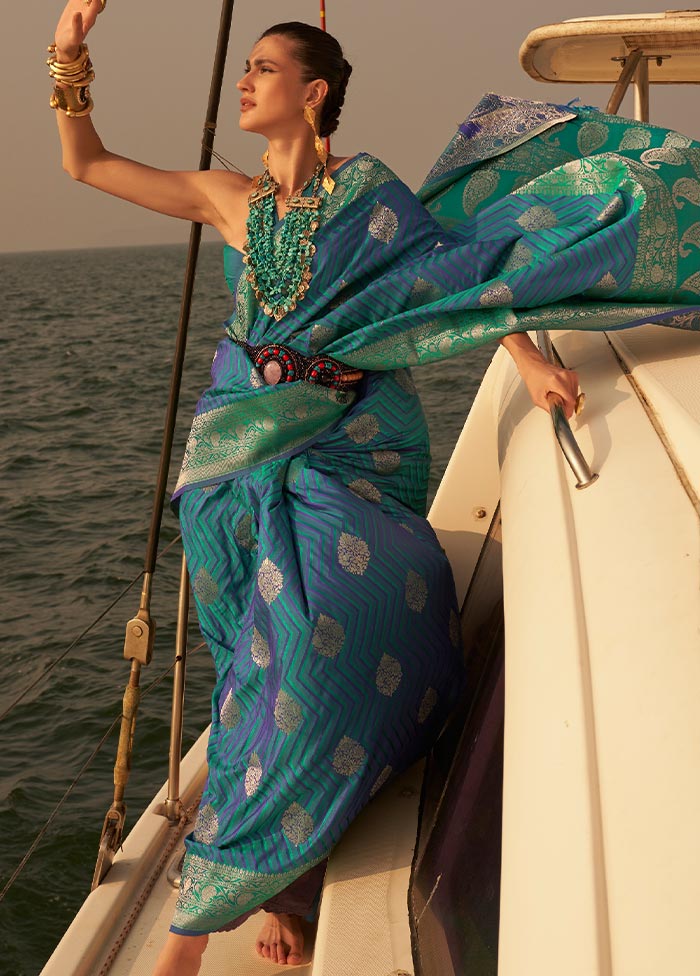 Sea Green Spun Silk Woven Work Saree With Blouse