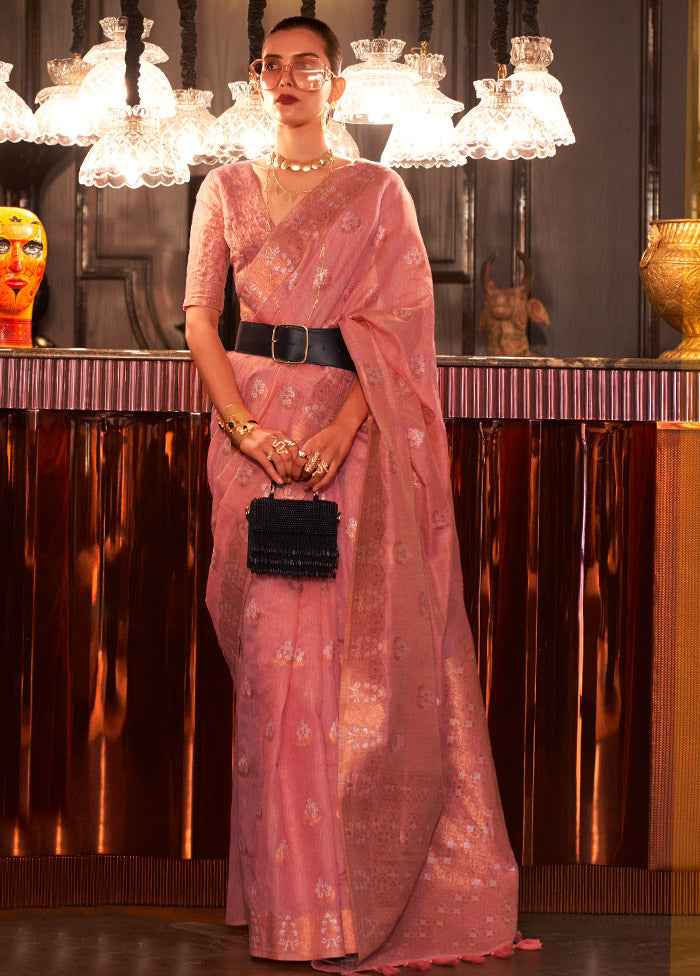 Pink Spun Silk Zari Woven Saree With Blouse