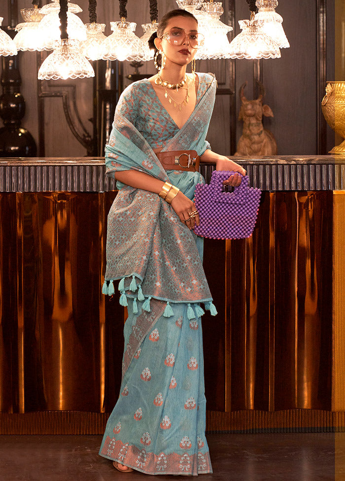 Turquoise Spun Silk Zari Woven Saree With Blouse