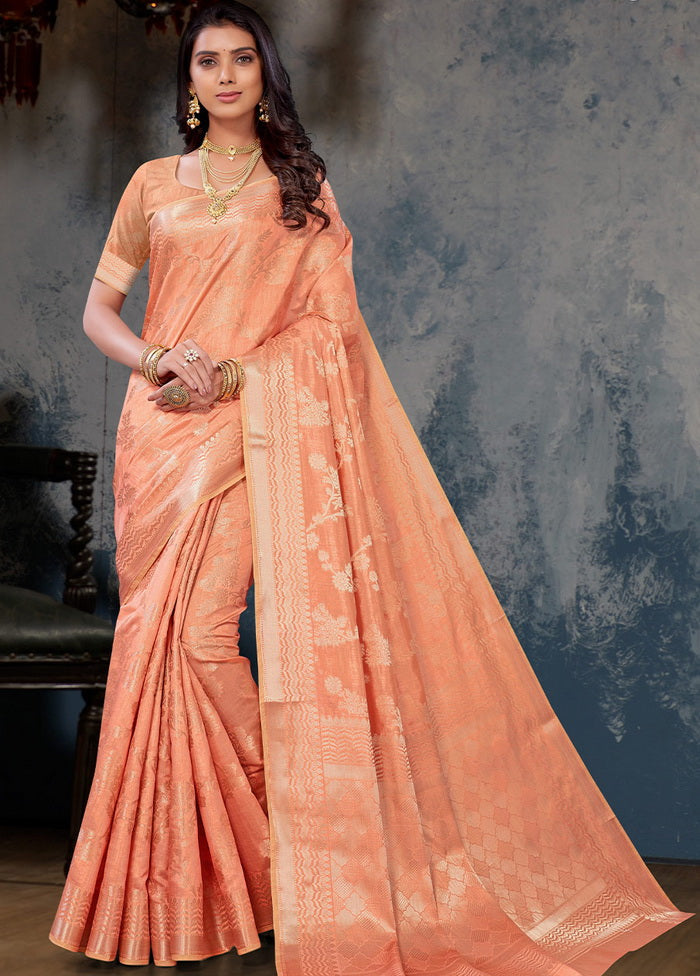 Peach Woven Silk Saree With Blouse