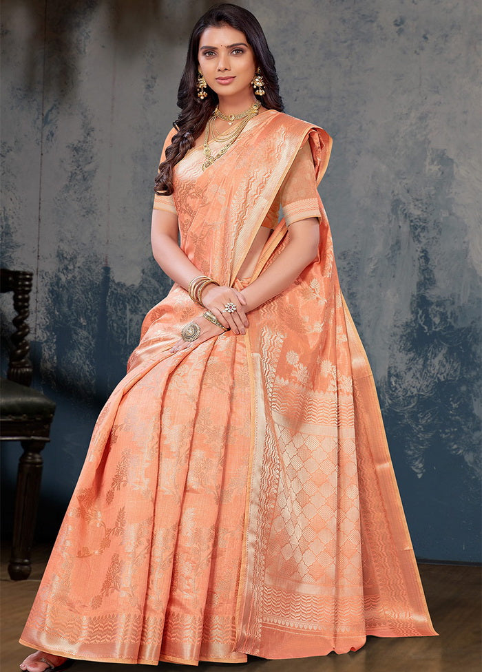 Peach Woven Silk Saree With Blouse