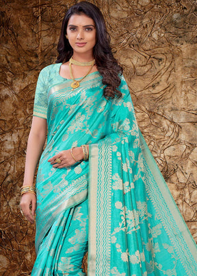 Turquoise Woven Silk Saree With Blouse