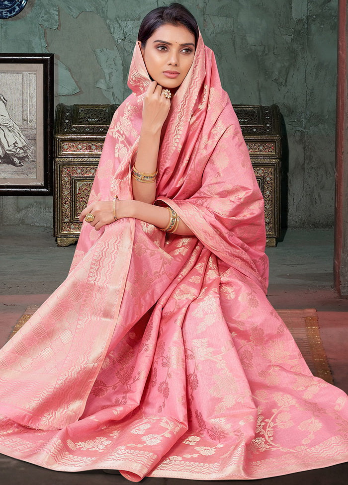 Pink Woven Silk Saree With Blouse