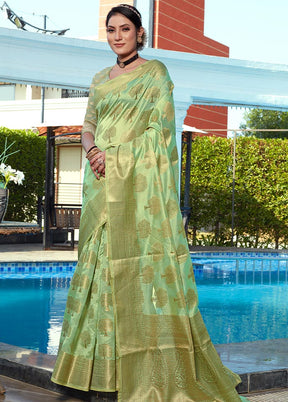 Sea Green Organza Zari Woven Butti Work Saree With Blouse