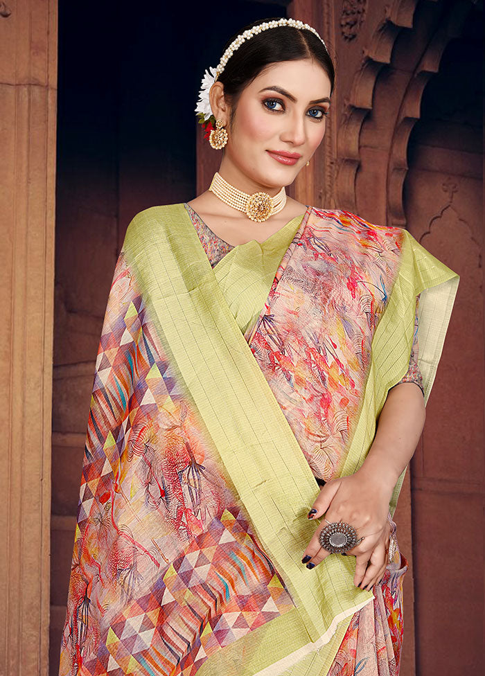 Peach Cotton Digital Print Saree With Blouse