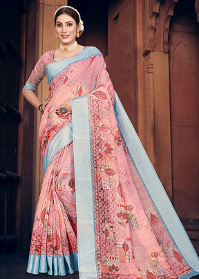 Peach Cotton Digital Print Saree With Blouse