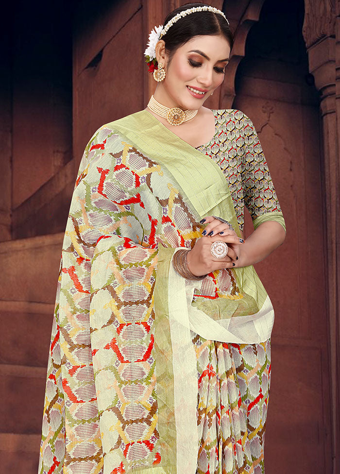 Light Green Cotton Digital Print Saree With Blouse