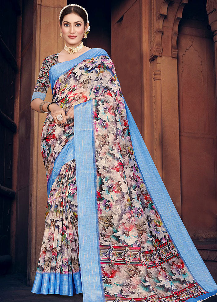 Blue Cotton Digital Print Saree With Blouse