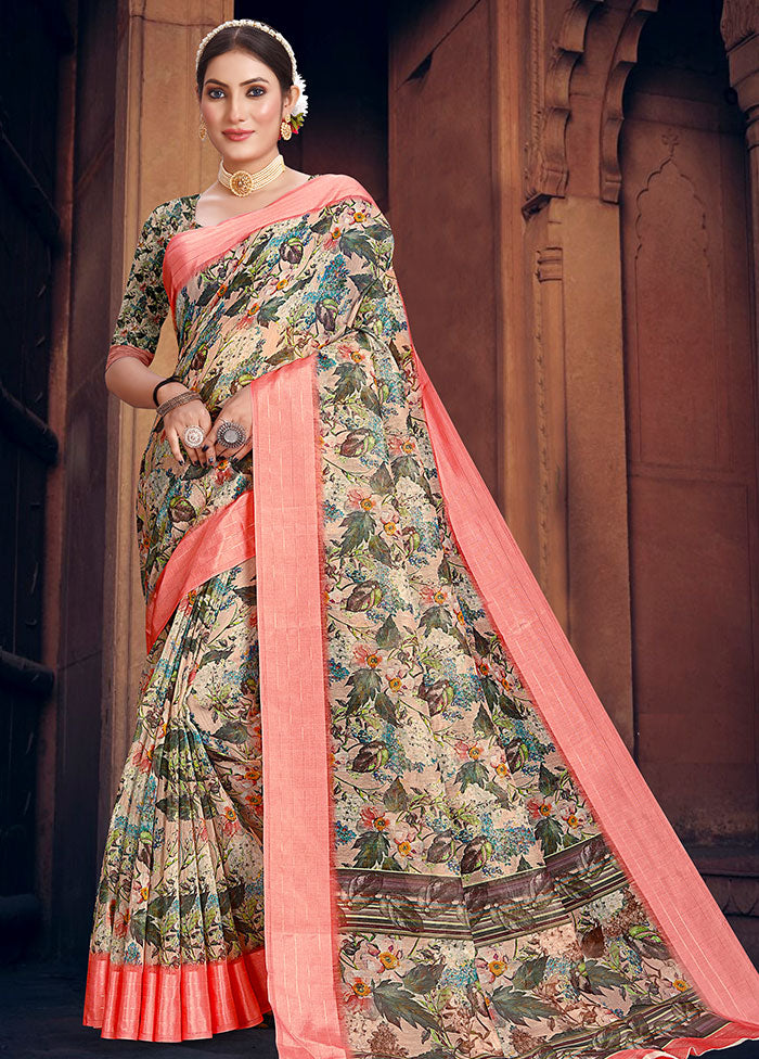 Beige Cotton Digital Print Saree With Blouse