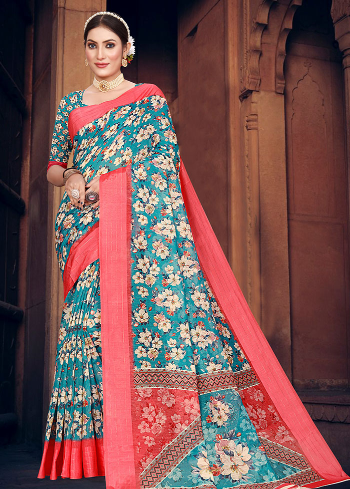 Sky Blue Cotton Digital Print Saree With Blouse