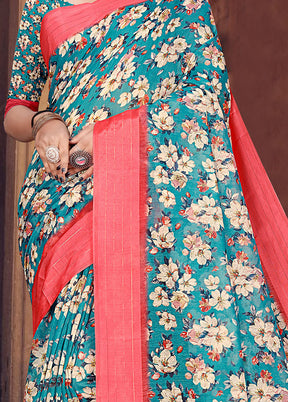 Sky Blue Cotton Digital Print Saree With Blouse