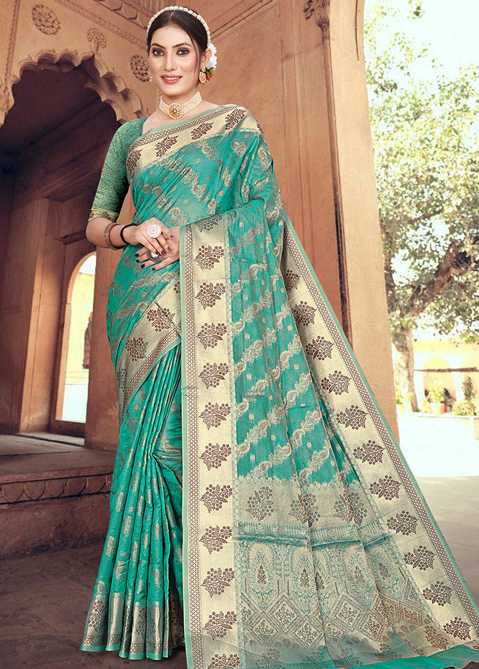 Turquoise Organza Woven Work Saree With Blouse