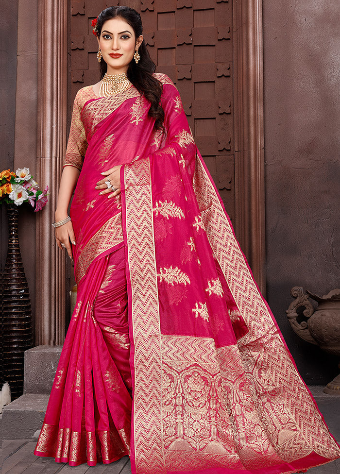 Pink Organza Woven Work Saree With Blouse