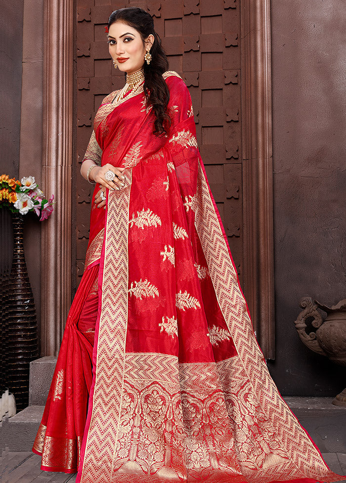 Red Organza Woven Work Saree With Blouse