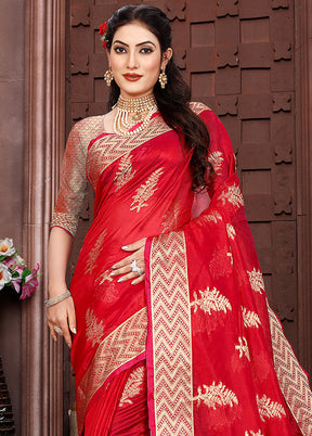 Red Organza Woven Work Saree With Blouse