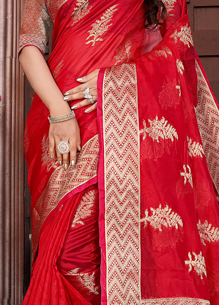 Red Organza Woven Work Saree With Blouse