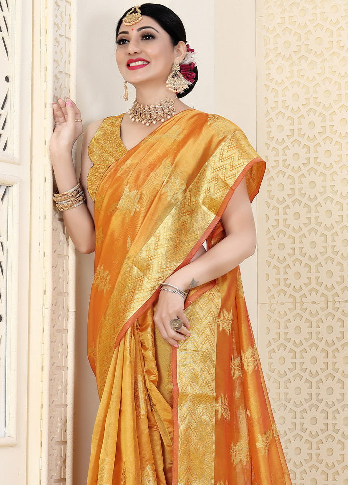 Golden Organza Silk Saree With Blouse