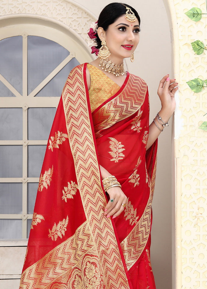 Red Organza Silk Saree With Blouse