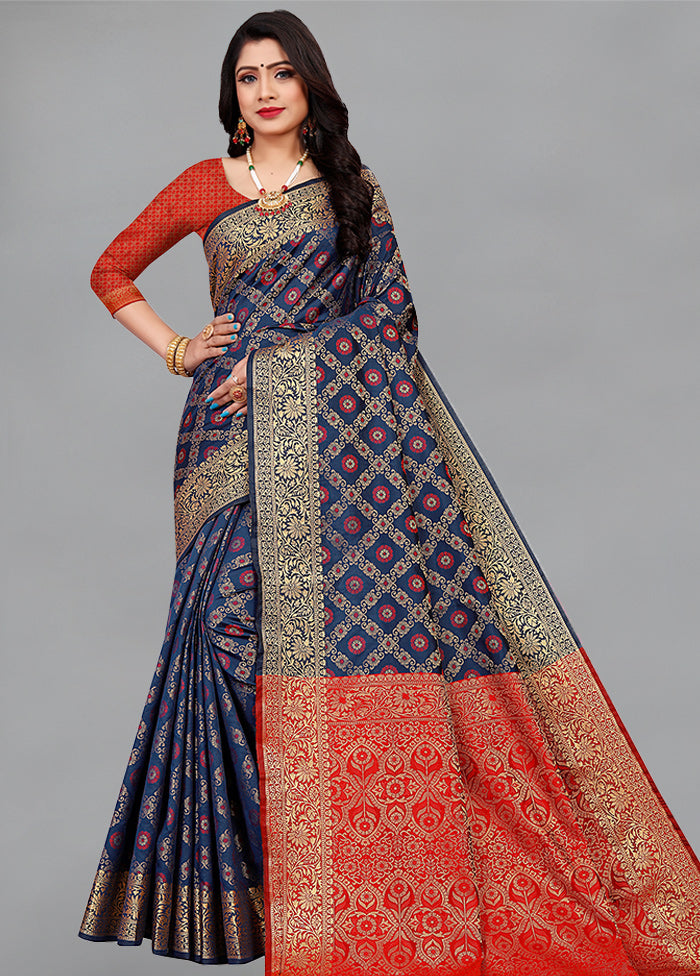 Blue Spun Silk Woven Saree With Blouse