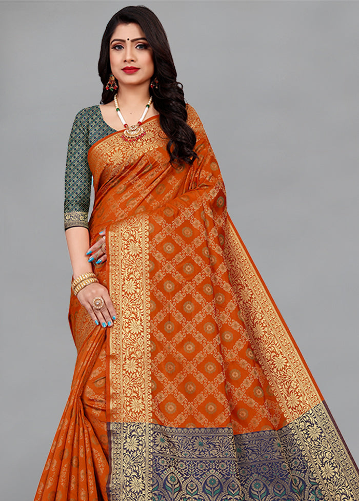 Orange Spun Silk Woven Saree With Blouse