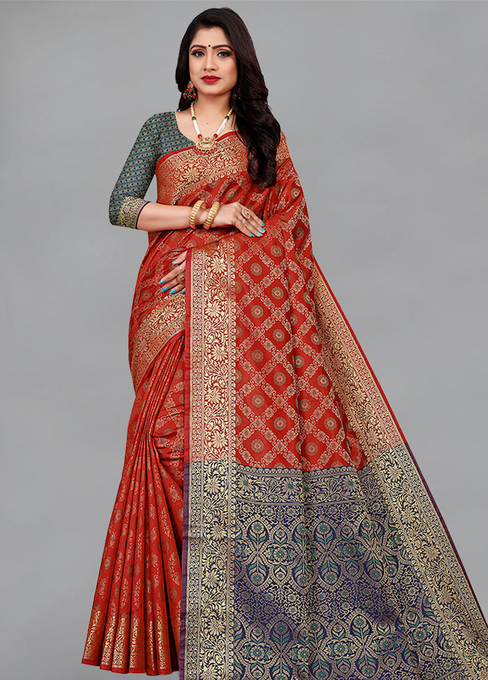 Rust Spun Silk Woven Saree With Blouse