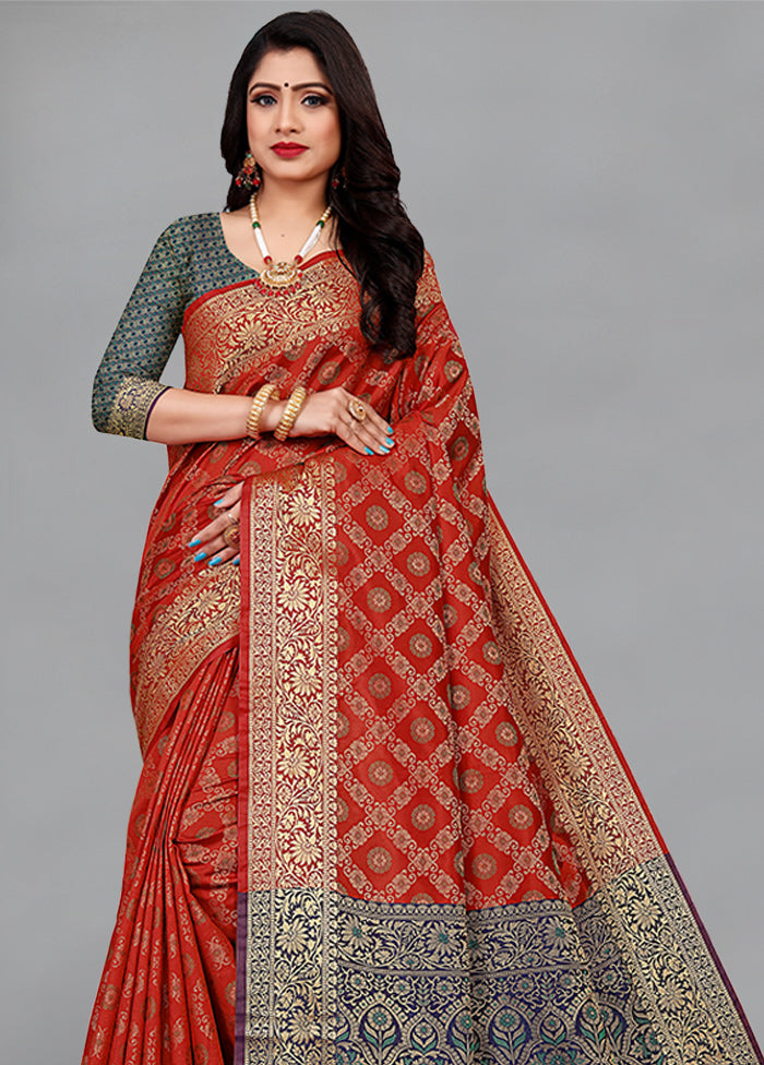 Rust Spun Silk Woven Saree With Blouse