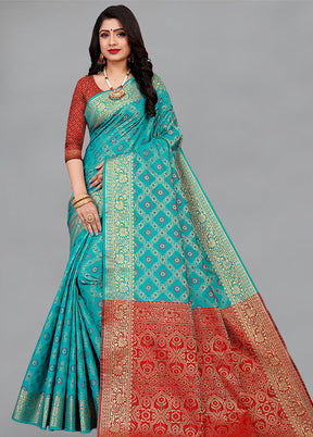 Turquoise Spun Silk Woven Saree With Blouse