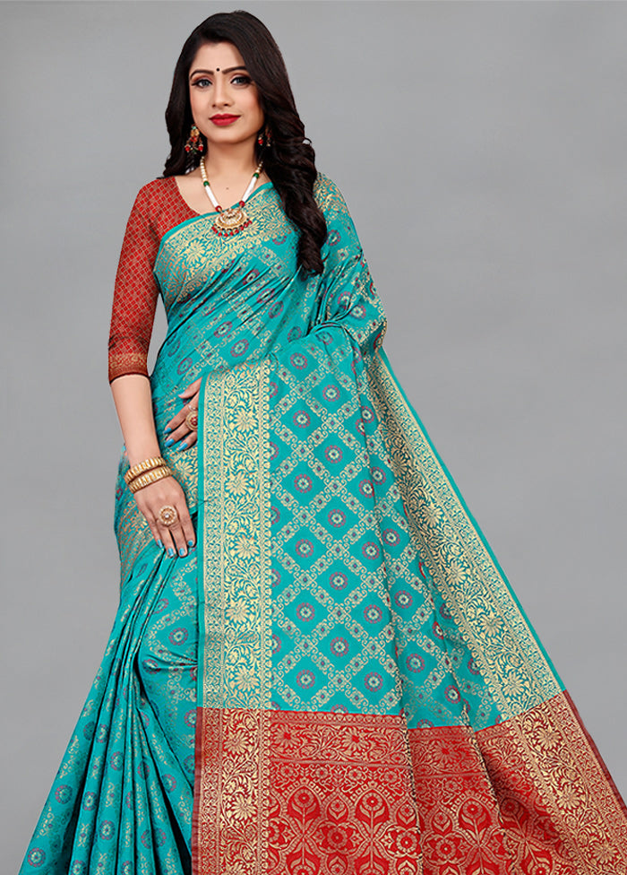 Turquoise Spun Silk Woven Saree With Blouse