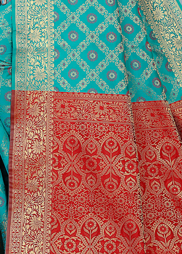 Turquoise Spun Silk Woven Saree With Blouse