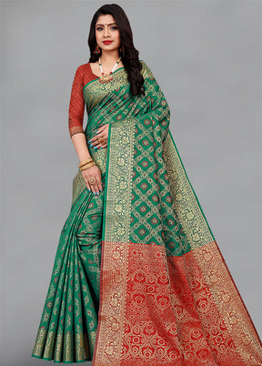 Green Spun Silk Woven Saree With Blouse