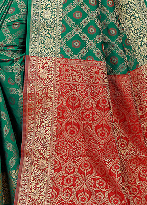 Green Spun Silk Woven Saree With Blouse