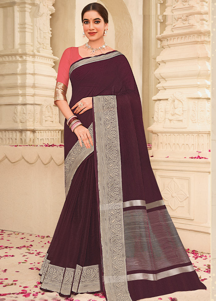 Wine Organza Saree With Blouse Piece