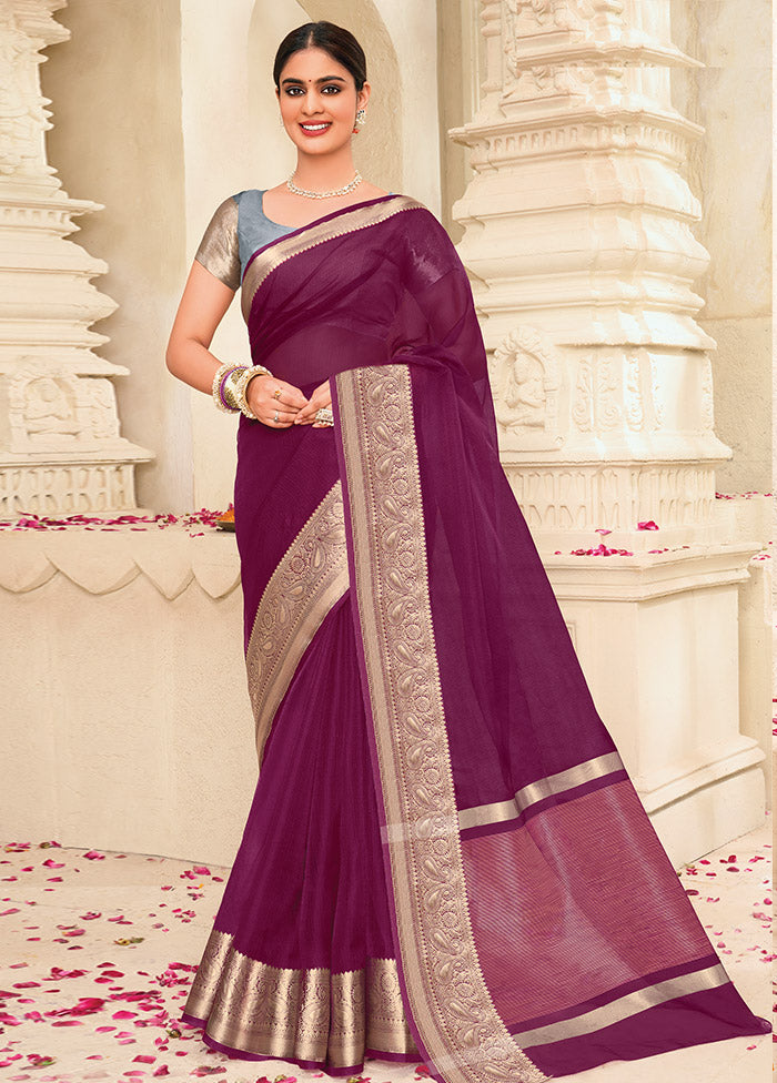 Wine Organza Saree With Blouse Piece