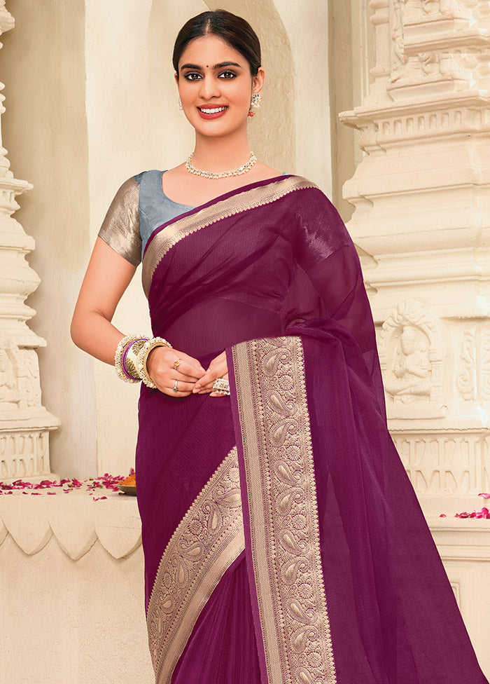 Wine Organza Saree With Blouse Piece