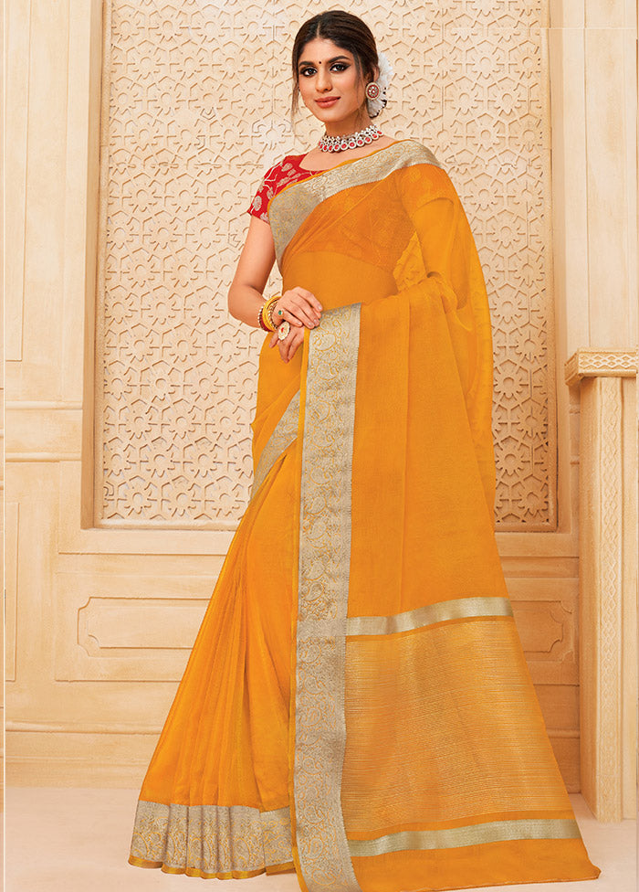 Mustard Organza Woven Work Saree With Blouse