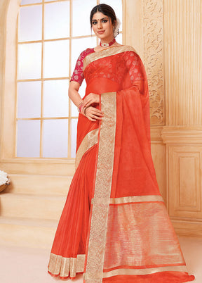 Orange Organza Woven Work Saree With Blouse