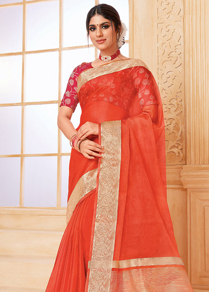 Orange Organza Woven Work Saree With Blouse