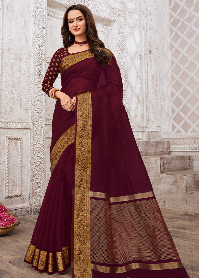Maroon Organza Woven Work Saree With Blouse