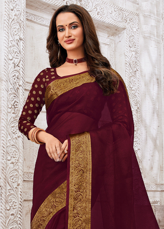 Maroon Organza Woven Work Saree With Blouse