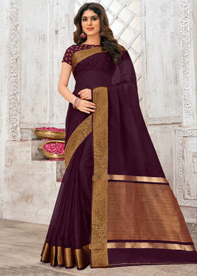 Wine Organza Woven Work Saree With Blouse