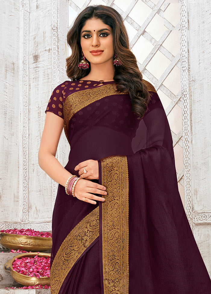 Wine Organza Woven Work Saree With Blouse