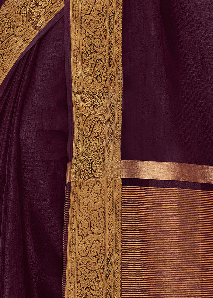 Wine Organza Woven Work Saree With Blouse