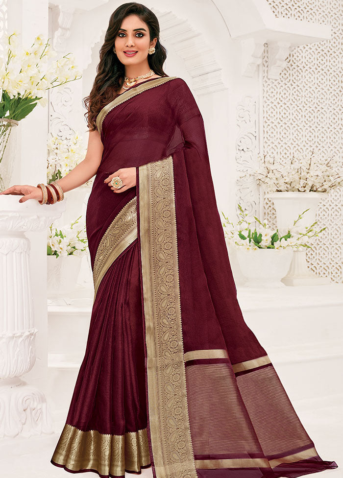 Maroon Spun Silk Saree With Blouse Piece