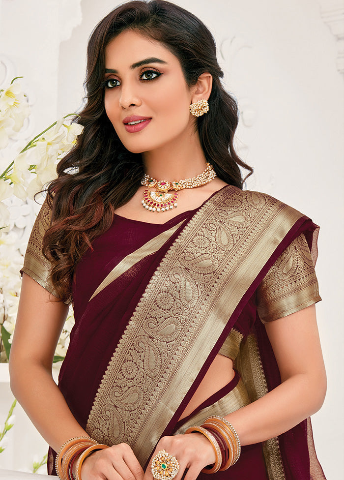 Maroon Spun Silk Saree With Blouse Piece