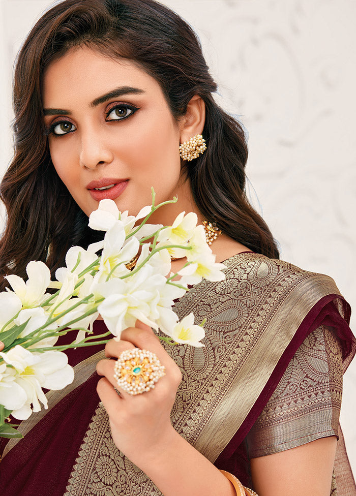 Maroon Spun Silk Saree With Blouse Piece