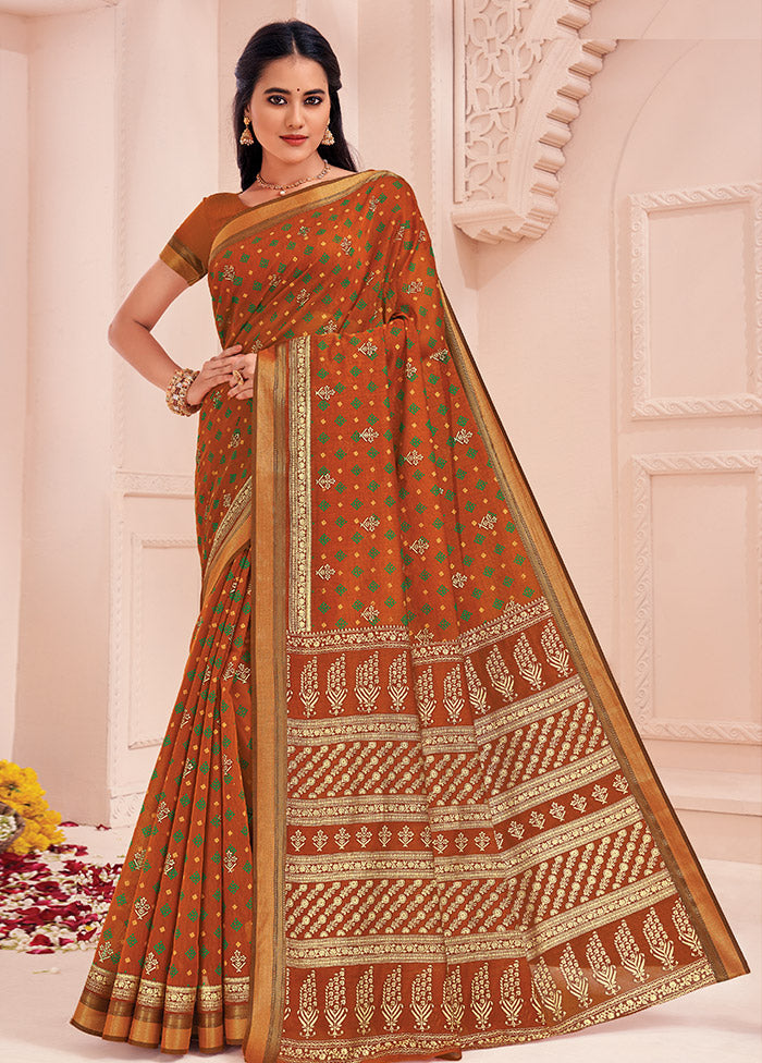 Orange Cotton Saree With Blouse Piece