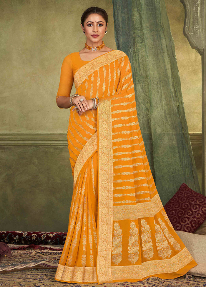 Golden Chiffon Silk Saree With Blouse Piece